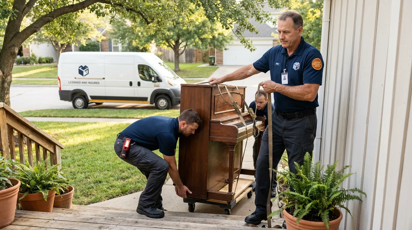 Licensed piano movers securing grand piano in Smithville, MO