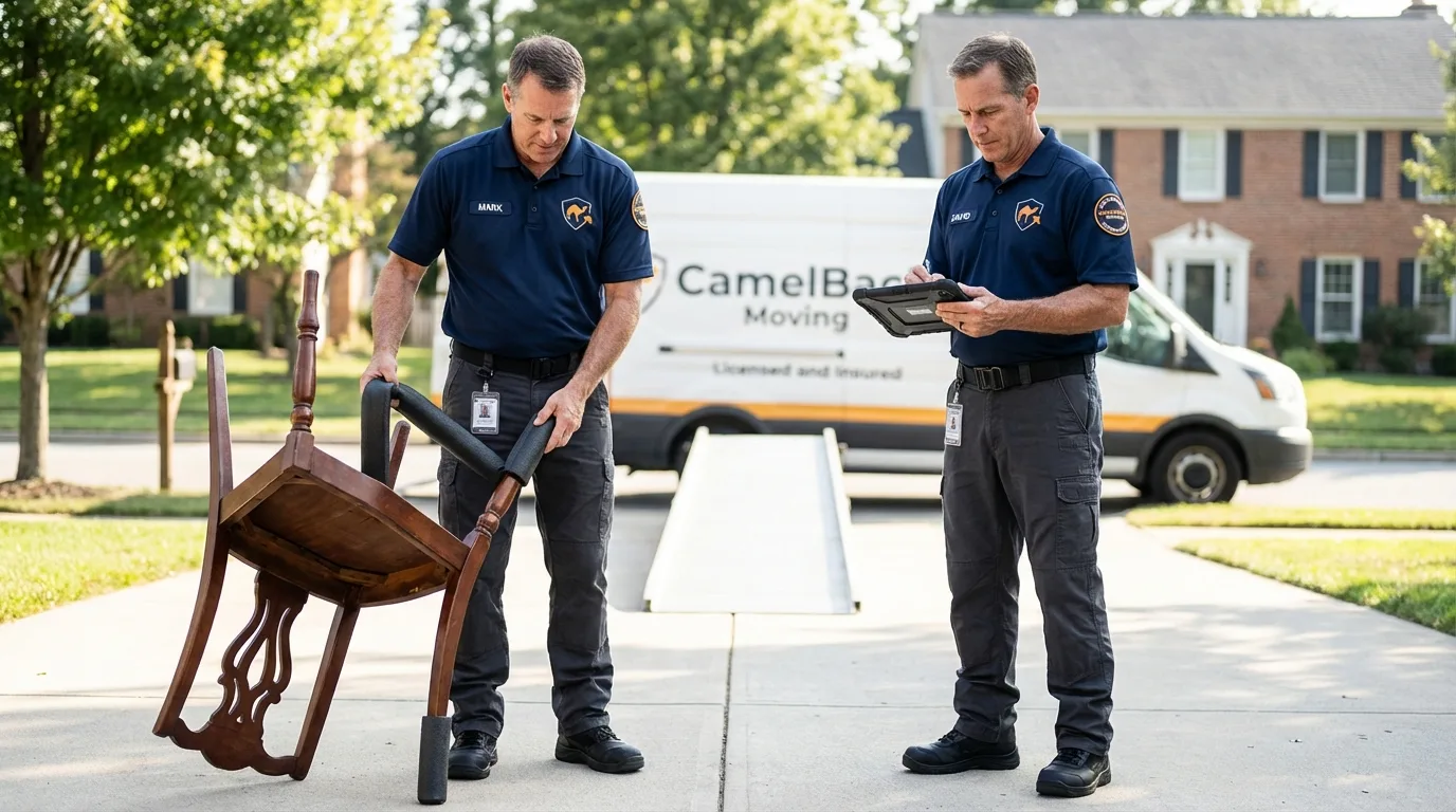 Movers inspecting furniture for damage prevention before loading in Smithville, MO