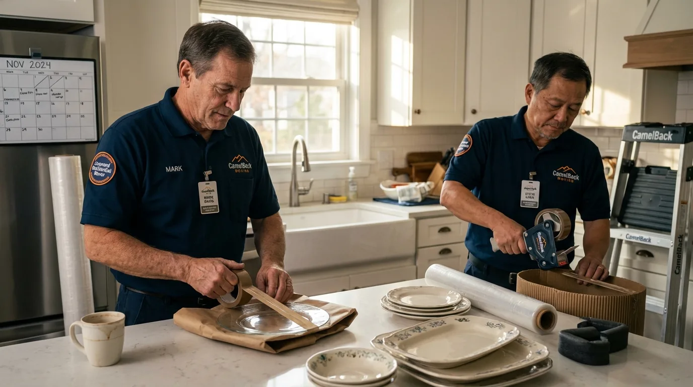 Professional crew packing kitchen dishware in Smithville, MO